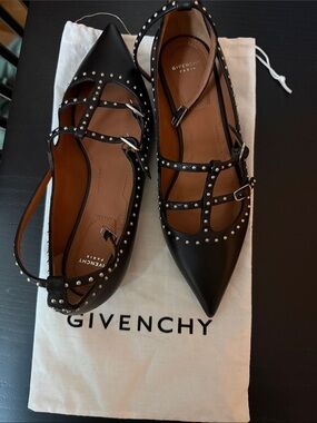 Givenchy Black Studded T-Strap Pointed Flats